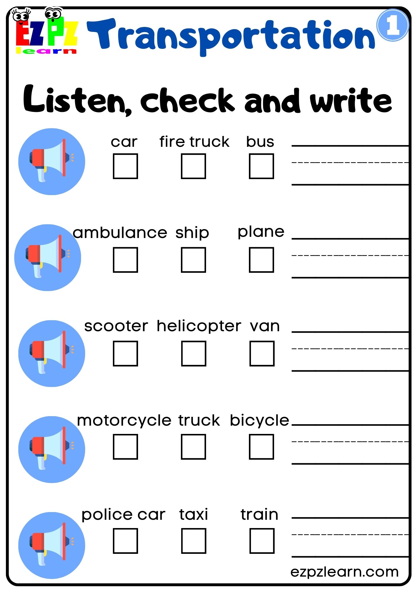 Interactive Worksheet for Transportation Listen, Check and Write the Words Activity for Kids G1
